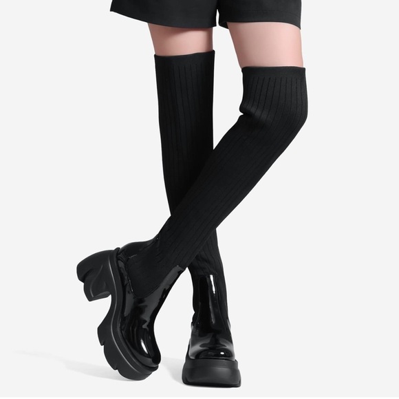 Thigh High Boots Round Toe Mid Chunky Heel Stretch Over the Knee Boots - Picture 5 of 6